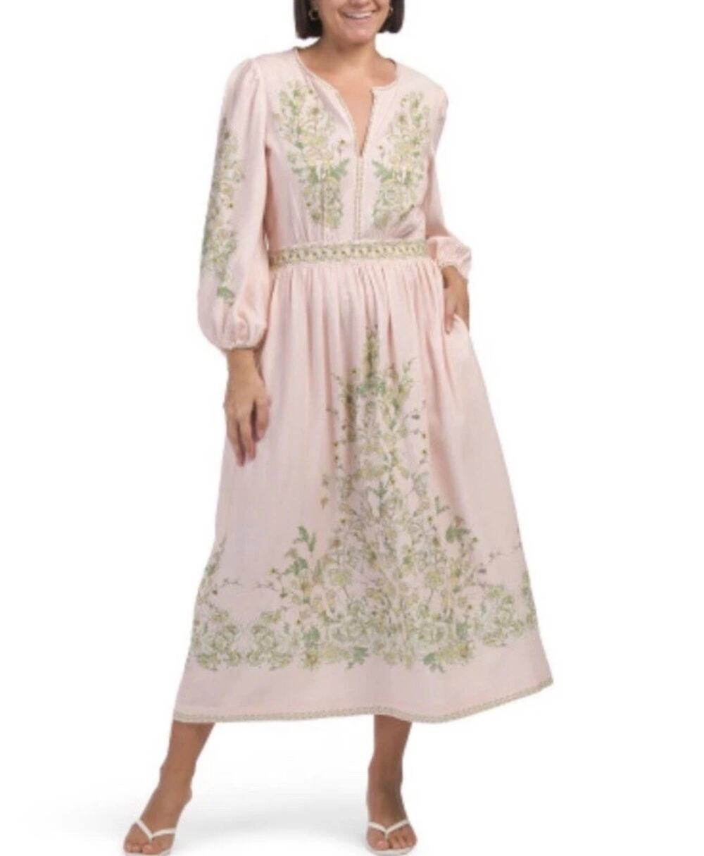 Max Studio Dress Linen Blend Puff Sleeve Pink/Cream Floral Printed Size XL NWT